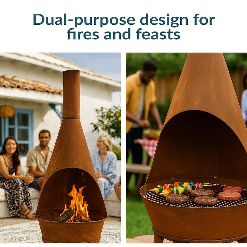 75-Inch Chiminea Wood-Burning Fire Pit Steel with Oxidized Finish