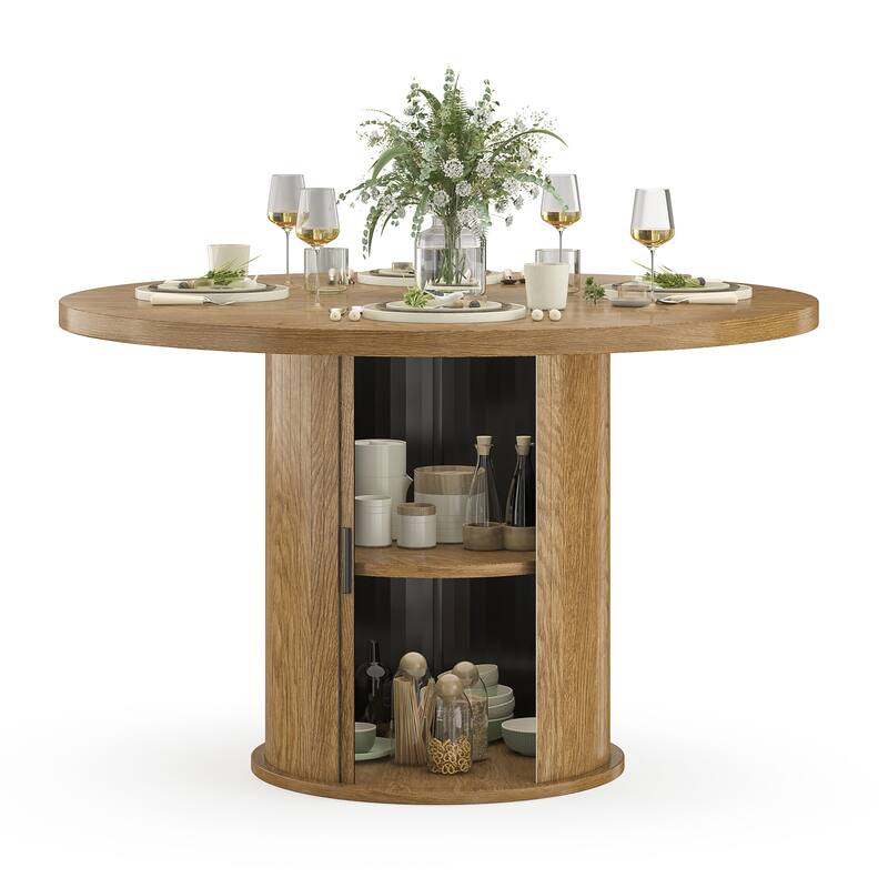 43" Round Dining Table for 4 People, Small Wood Kitchen Table with Sturdy Metal Base, Modern Round Dinner Table - Walnut