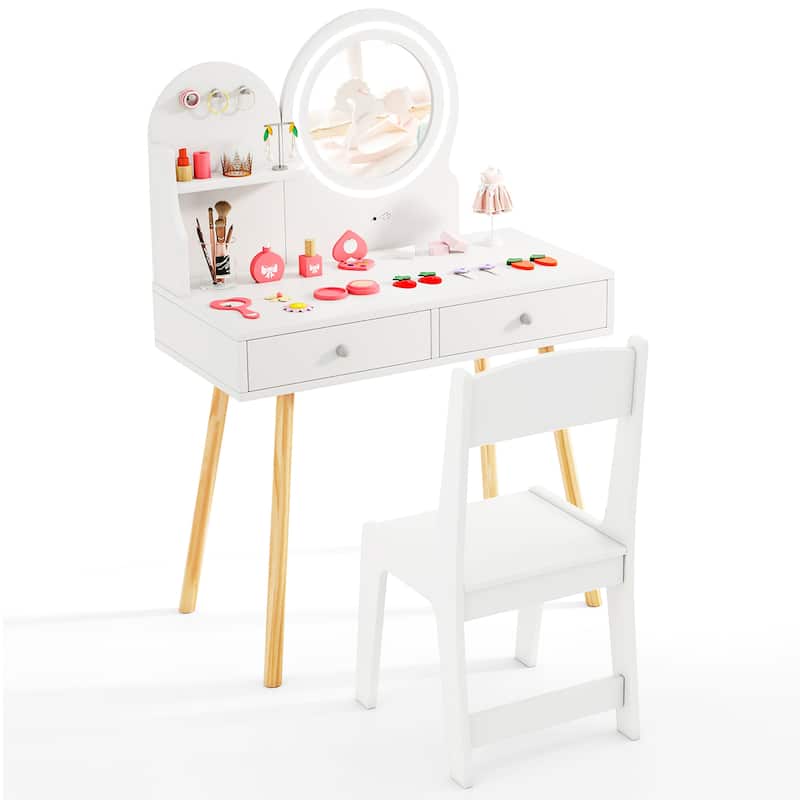 Gymax Kids Vanity Set w/ Lighted Mirror Princess Makeup Dressing Desk - White