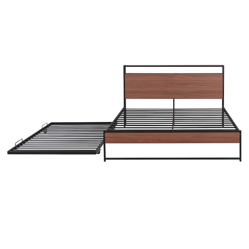 Metal Bed Frame Platform Bed with Storage Headboard, Pull-Out Trundle Bed, USB Ports, Metal Slat Support