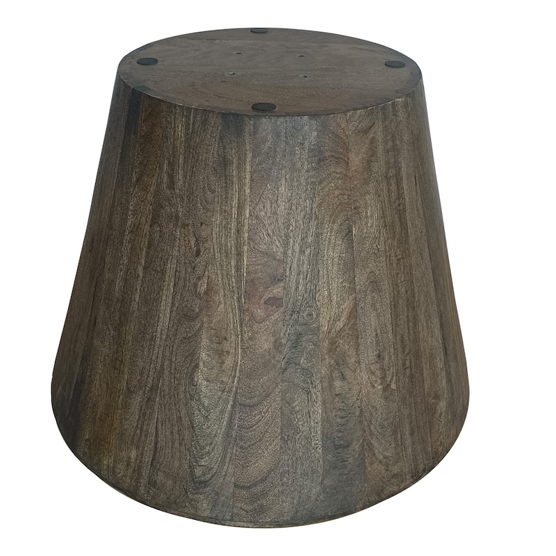 24 Inch Side End Table Round Drum Shape Handcrafted, Distressed Gray, Mango Wood