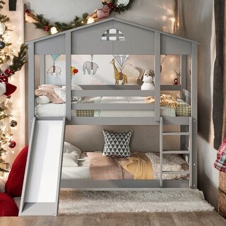 Contemporary Twin over Twin House Bunk Bed with Convertible Slide and ...