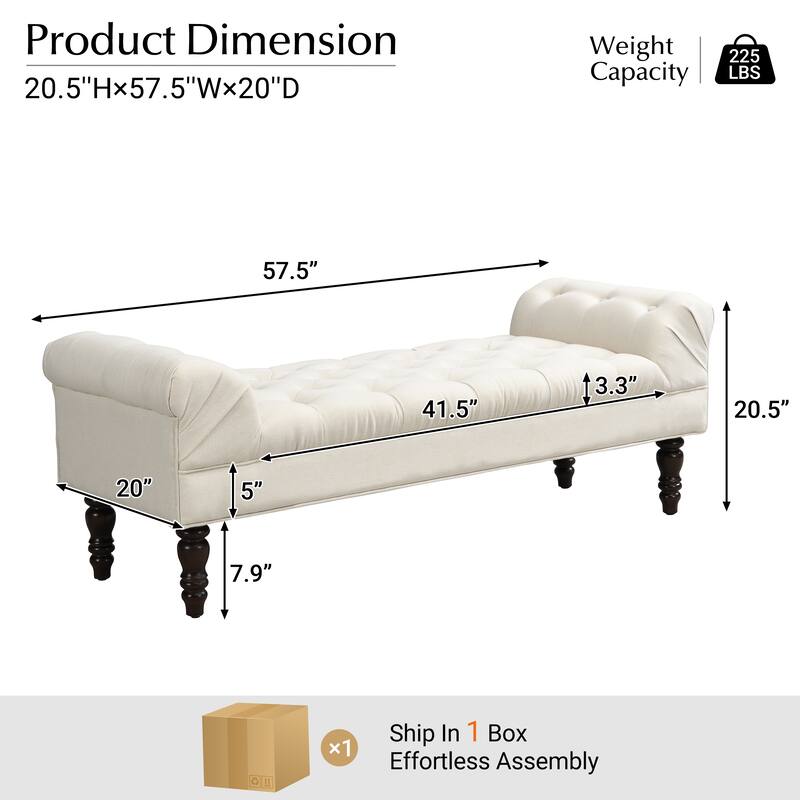 Christopher Knight Home - Button Tufted Bed Bench, Upholstered Fabric Ottoman with Rolled Arms, Footstool with Legs
