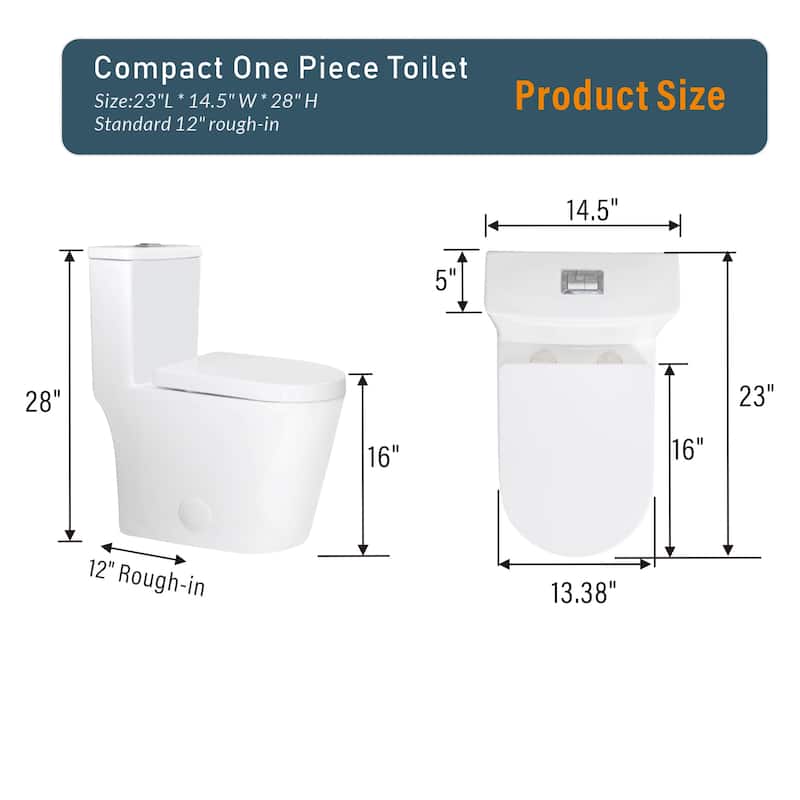 Compact One Piece Toilet Dual Flush 0.8 1.6 GPF. 23 Inch Short Depth. Space Saving Toilet for Small Bath