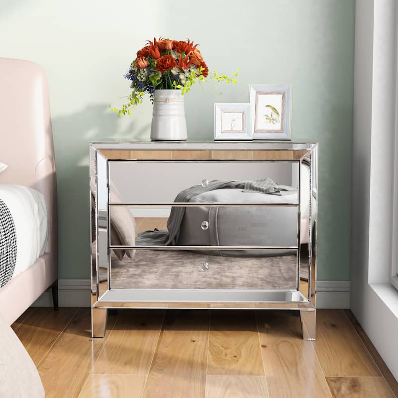 Glam Mirror Nightstand Bedside Table with 3 Drawer Chest