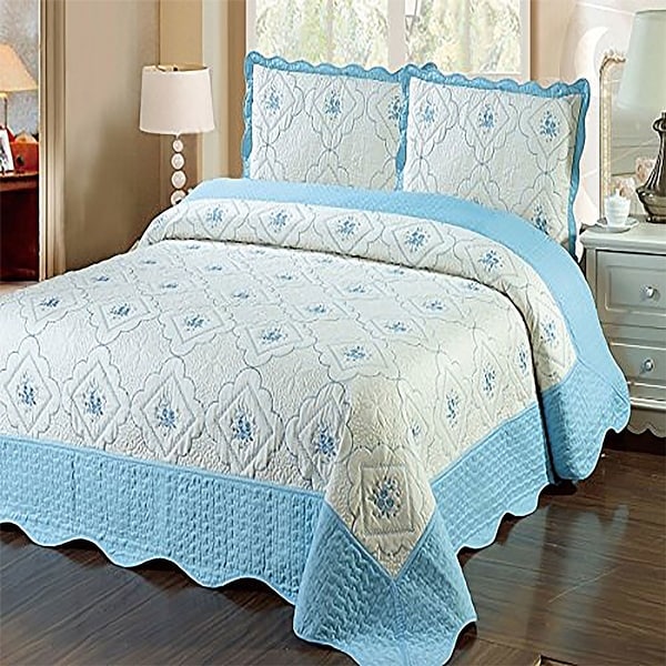 King Size Blue White 3pc Bedspread Quilted High Quality Bed Cover
