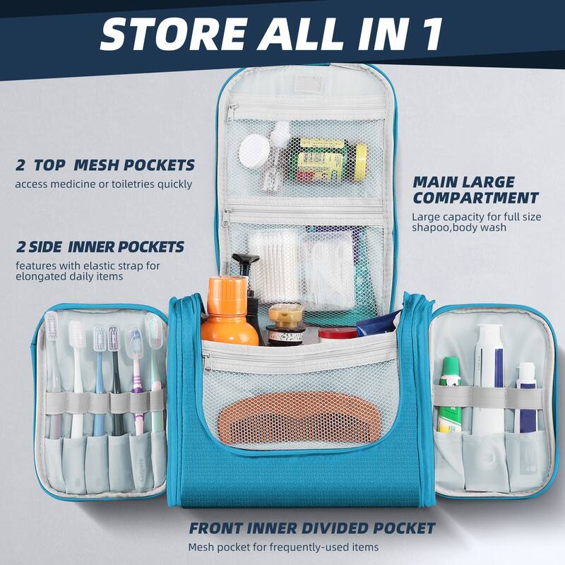 Large Hanging Toiletry Bag for Travel & Daily Use, Water-Resistant Dopp Kit for Makeup, Shaving, Toiletries