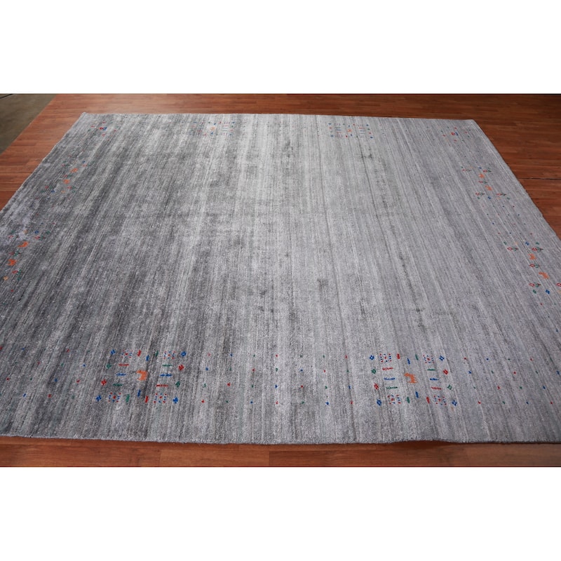 Hand Knotted Oriental Viscose Silk Carpet Tribal Stripe Greys & Charcoal Gabbeh Area Rug - 9' 10'' X 7' 10''