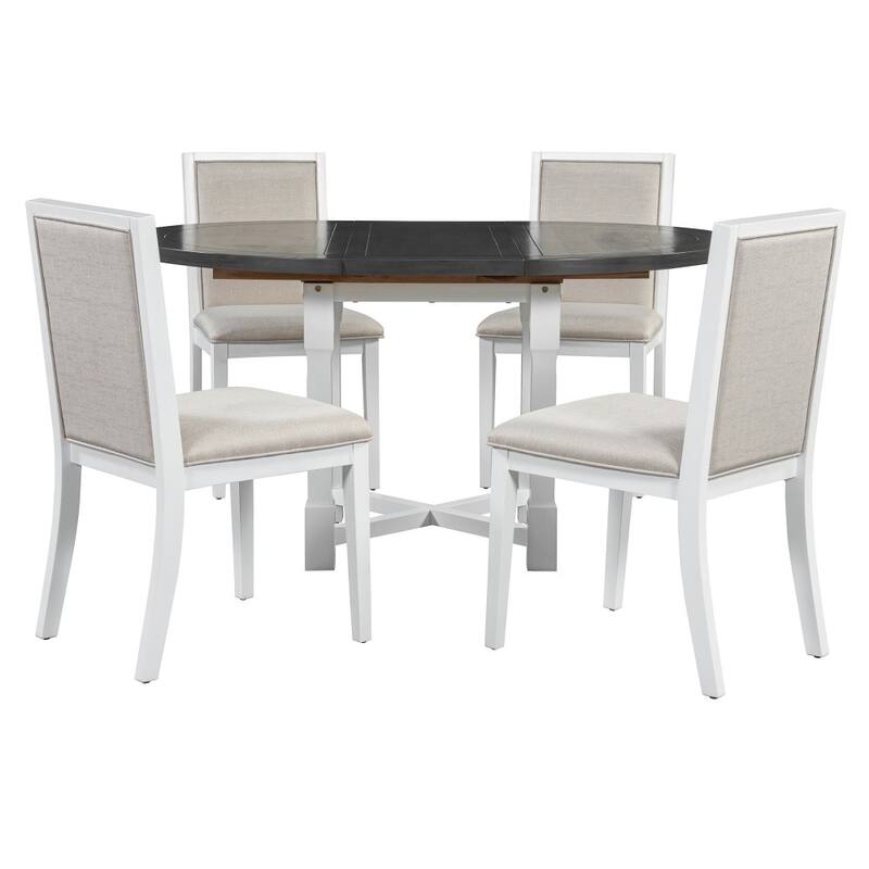 5-piece Wooden Dining Set with Extendable Removable Leaf Table and 4 Upholstered Chairs for Kitchen
