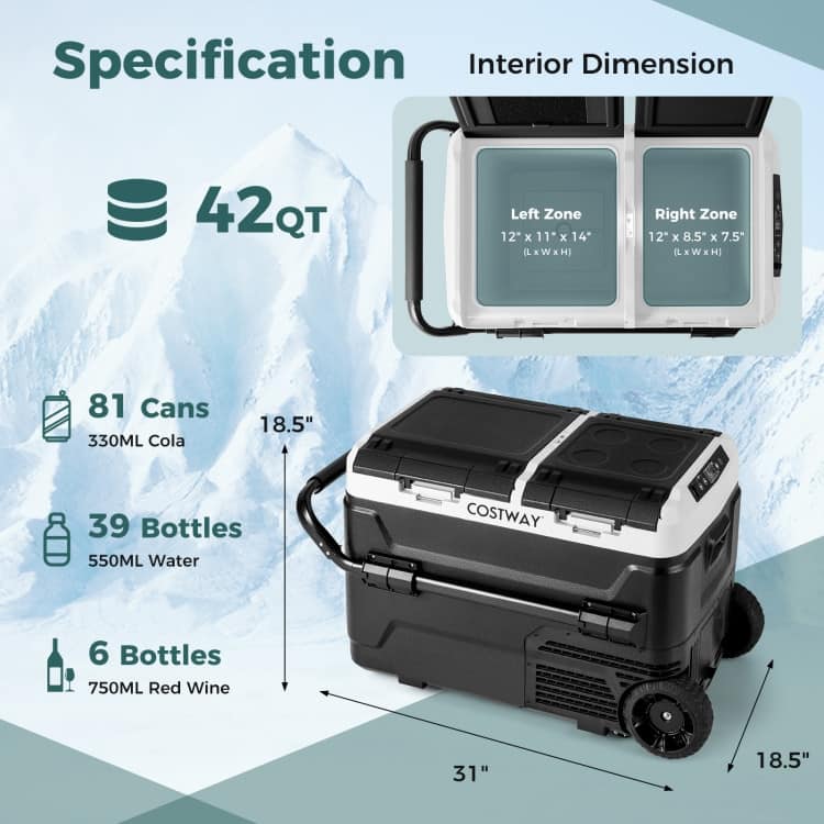 Dual Zone 12V 42QT Car Fridge Perfect for Travel Camping and Outdoor Adventures - 31" x 18.5" x 18.5"