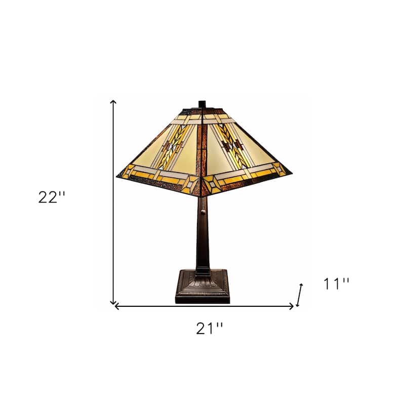 HomeRoots 23" Stained Glass Two Light Mission Style Table Lamp with Stained Glass Shade - 21 x 22 x 11