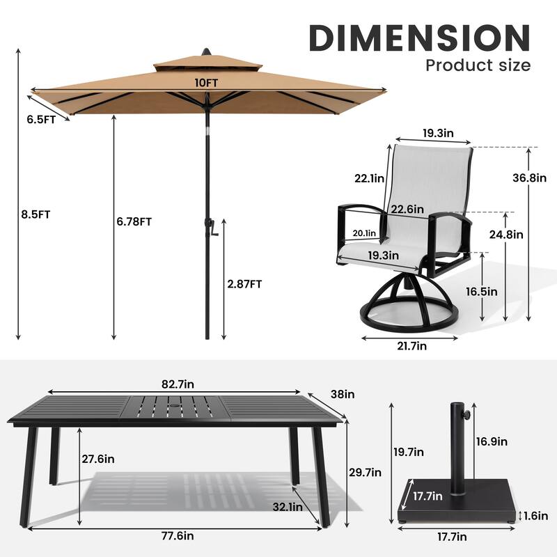9-Piece Outdoor Aluminum Dining Table and Swivel Sunbrella Chairs with Market Umbrella and Base Set