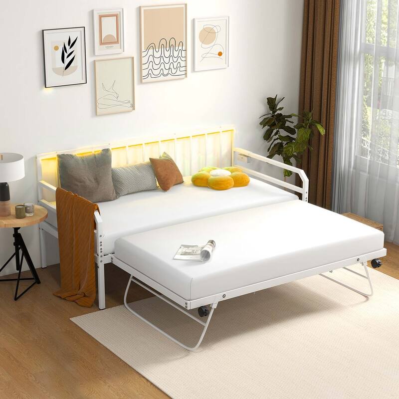 Metal Twin Daybed with Trundle Twin Bed Frame w/ Charging Station