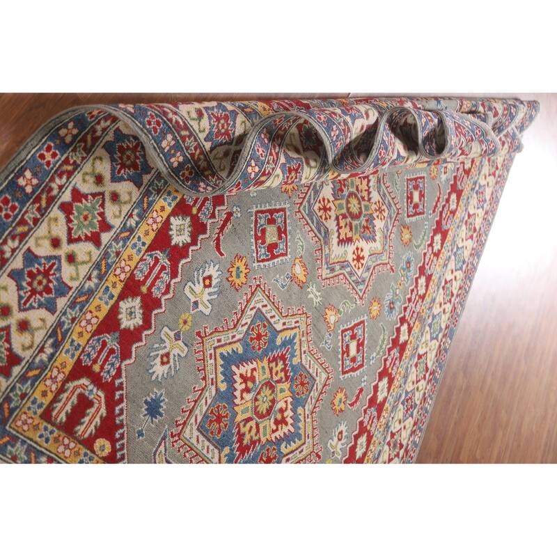 Hand Knotted Oriental 100% Wool Carpet Traditional Geometric Greys & Charcoal Kazak Area Rug - 9' 10'' X 6' 6''