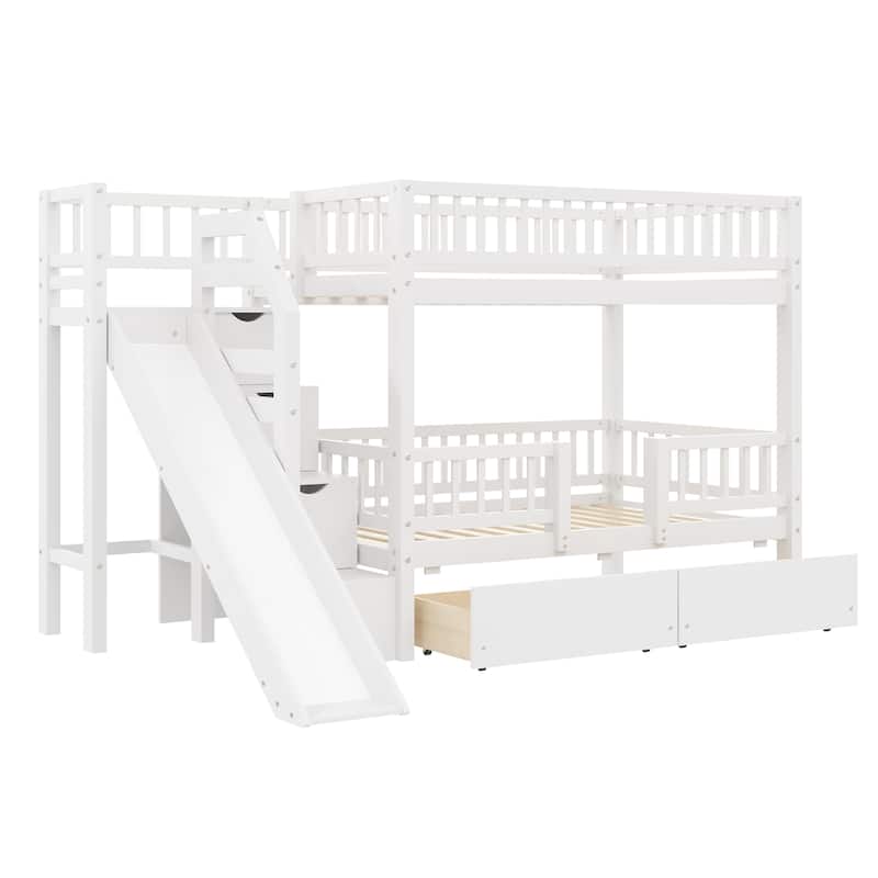 Twin Over Twin Bunk Bed with Storage Staircase, Slide and 2 Drawers