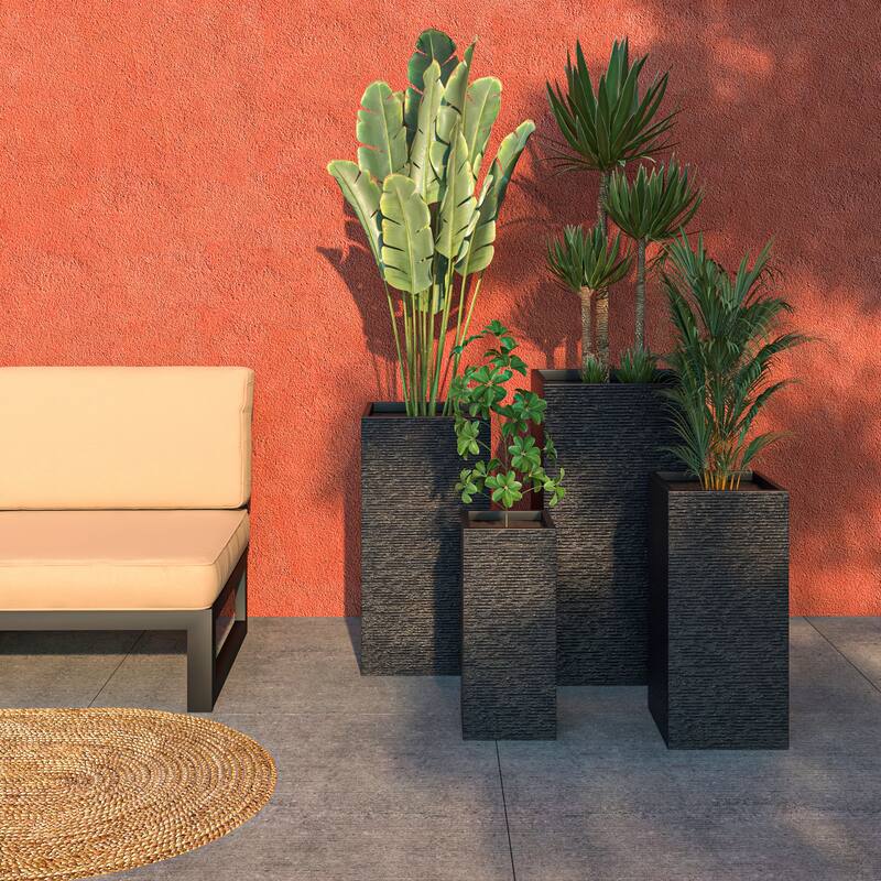 Basalt 4-Piece Tall Square Planter Set, Durable Fiberstone & Clay, Weather-Resistant Indoor/Outdoor Pots with Drainage