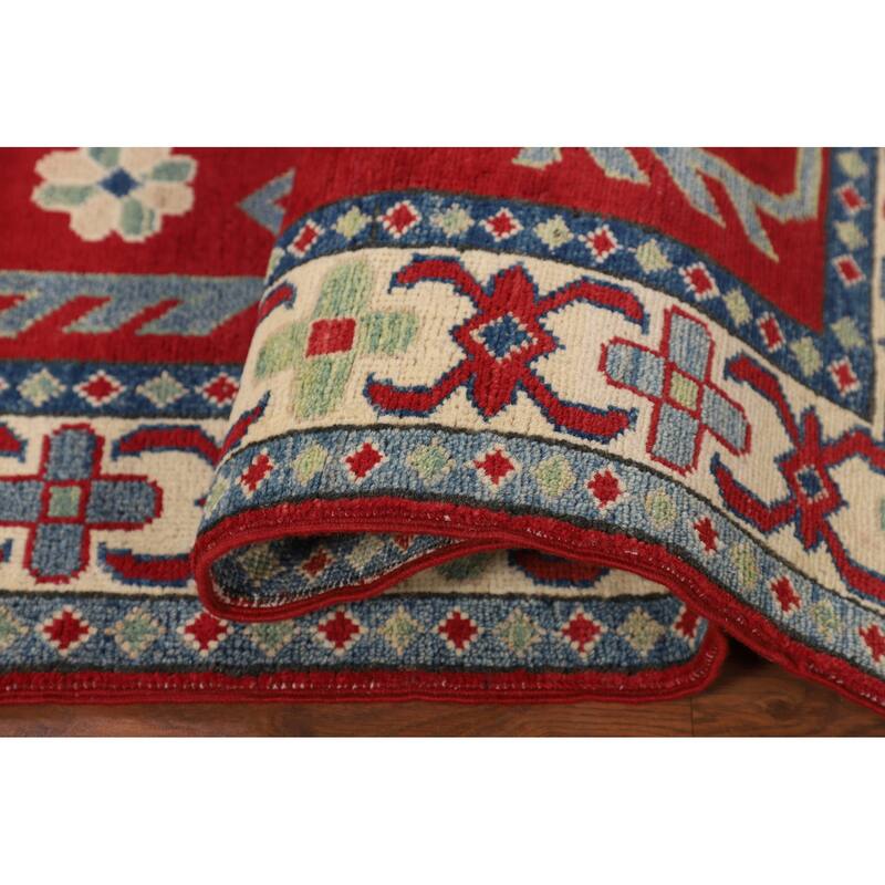 Red Geometric Kazak Accent Rug Hand-Knotted Traditional Wool Carpet - 3'5" x 4'10"
