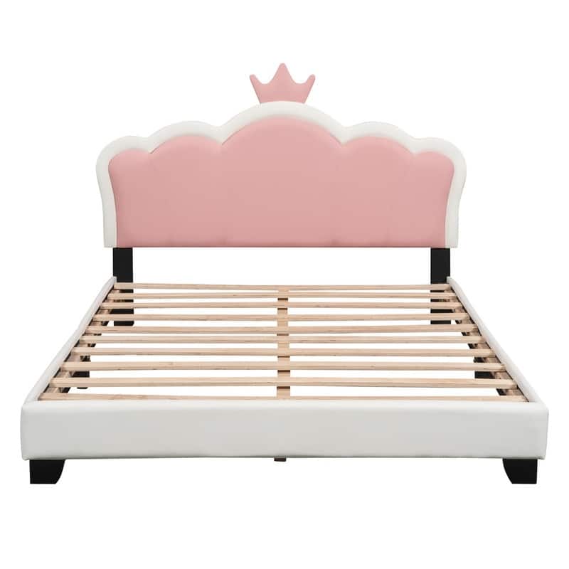 Twin/Full Size Upholstered Princess Bed with Crown Headboard, Cute Platform Bed Frame with Headboard and Footboard for Kids