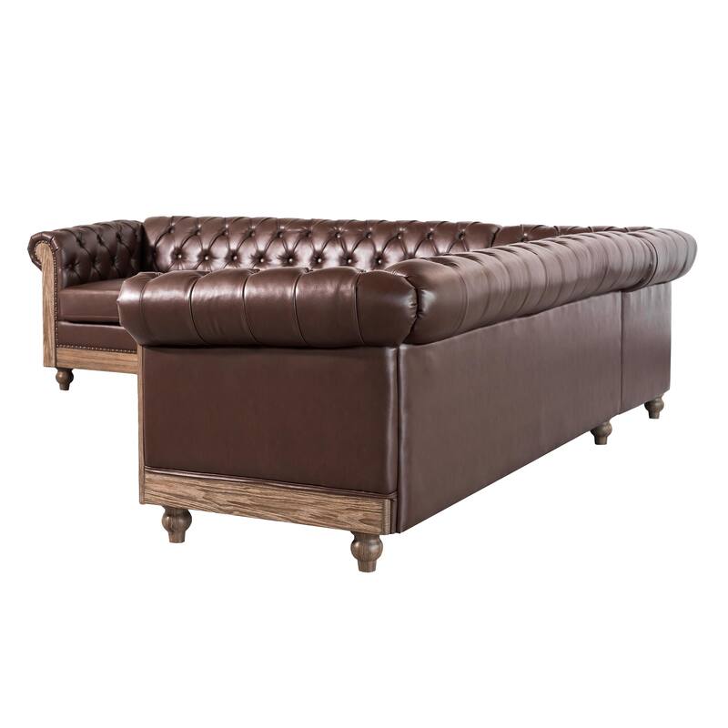 L-Shaped Sectional Sofa with Nailhead Trim & Wooden Legs, PU Leather Upholstered Sofa, Large Corner 6-Seater Sofa