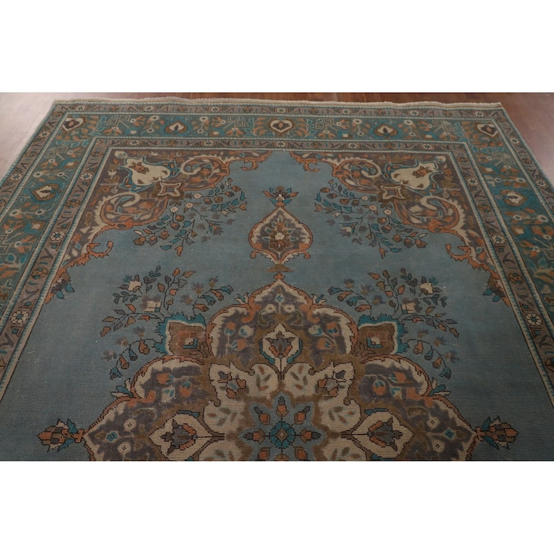 Blue Over Dyed Tabriz Persian Vintage Rug Handmade Wool Carpet - 8'2"x 11'4"
