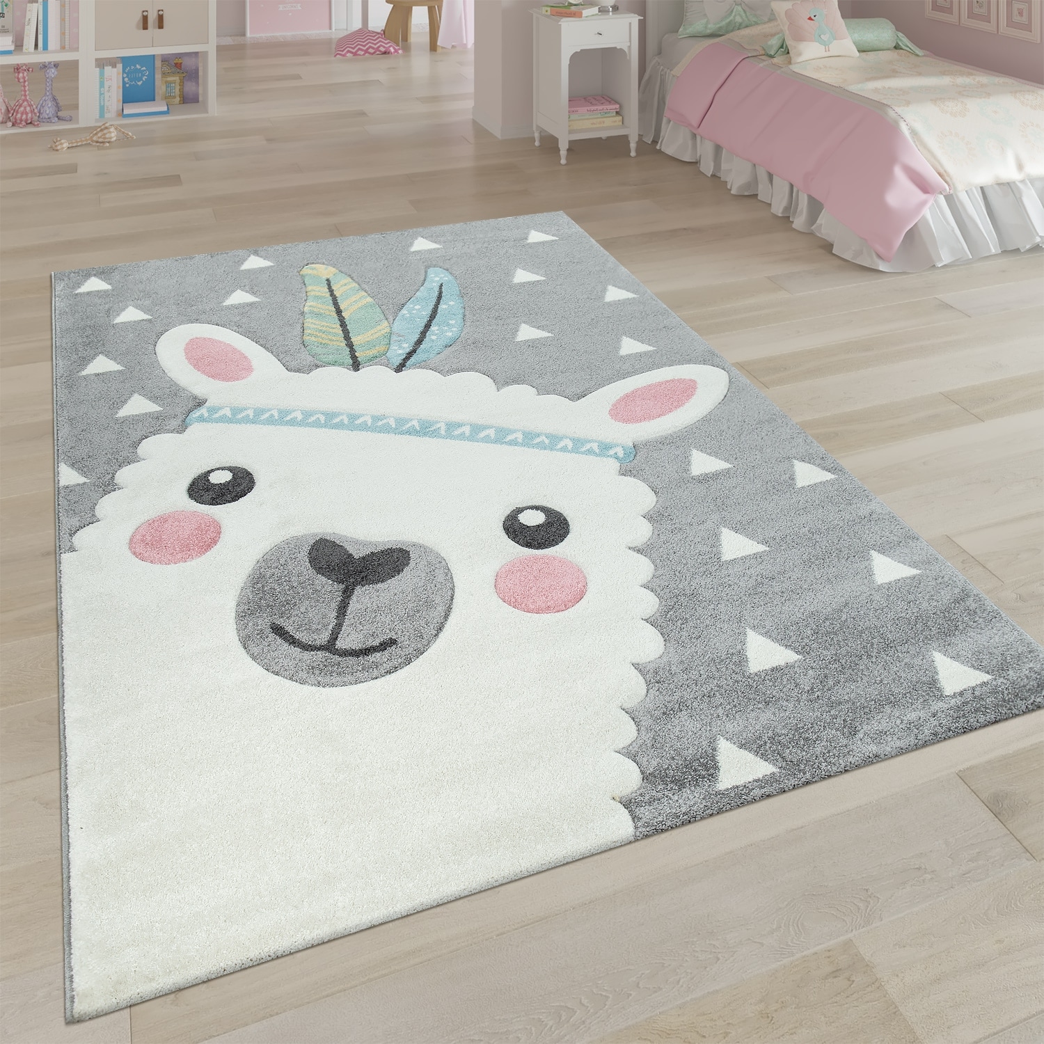 Cute Kids Rug with happy Llama for Nursery in Pink White and Grey