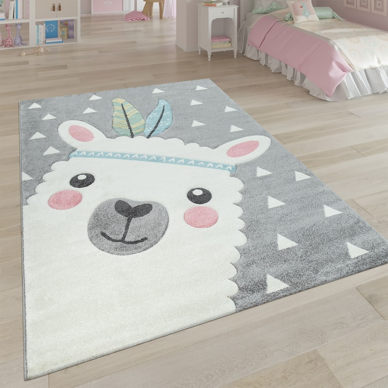 Cute Kids Rug with happy Llama for Nursery in Pink White and Grey - 4'4" Square - Grey