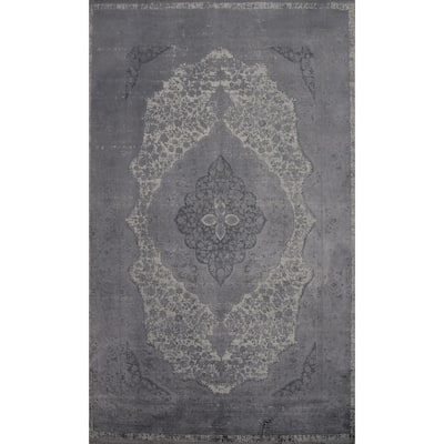 Machine Made Oriental Polyester Carpet Traditional Floral Greys & Charcoal Tabriz Area Rug - 7' 5'' X 5' 2''