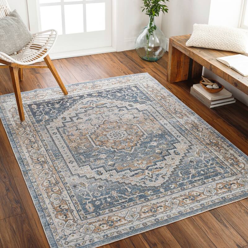 Livabliss Lillian Machine Washable Global Medallion Area Rug - Slate/Tan - 6'7" Round