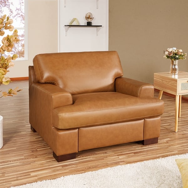 Genuine Leather Accent Chair Luxurious Comfort Goose Feather Cushion Filling Square Arm Design