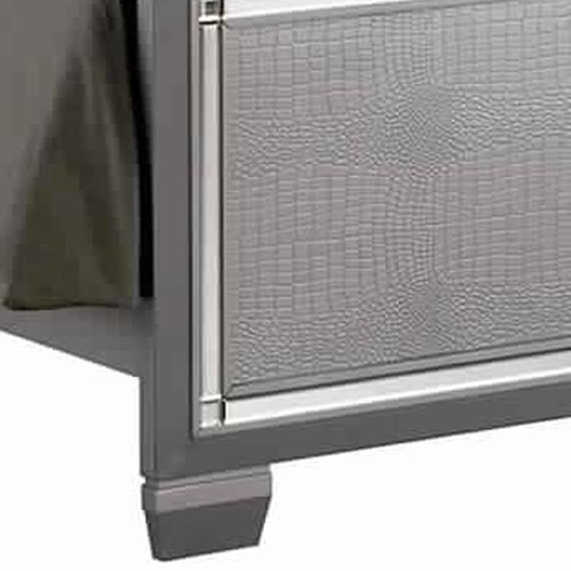 Textured California King Size Bed with Silver Trim Accents, Beige