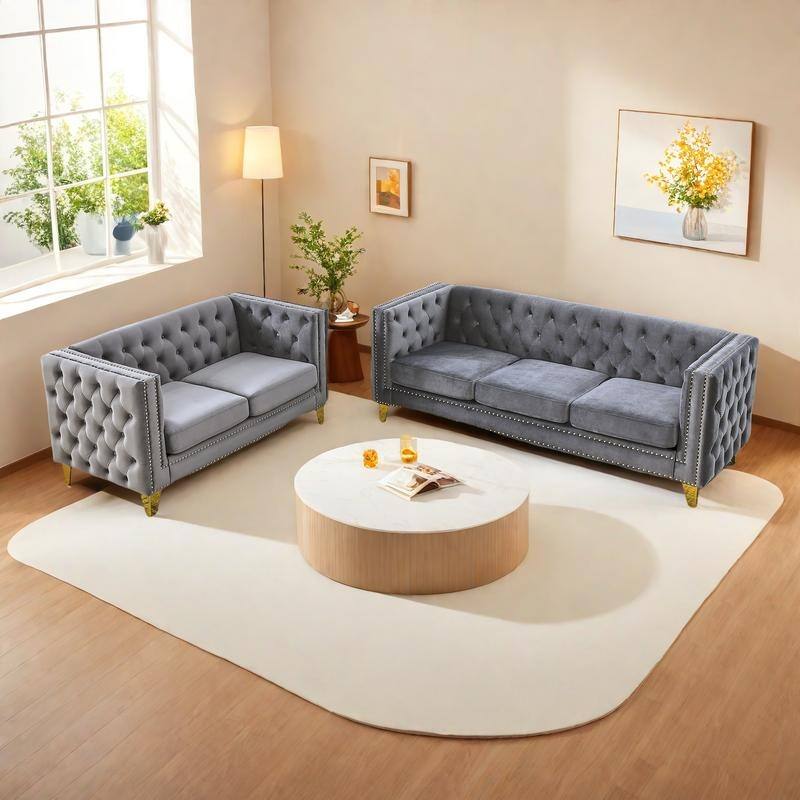 2-Pieces 5-Seat Velvet Sectional Sofa Set (3-Seater + 2-Seater) with Spring Cushions & Metal Legs - Gray