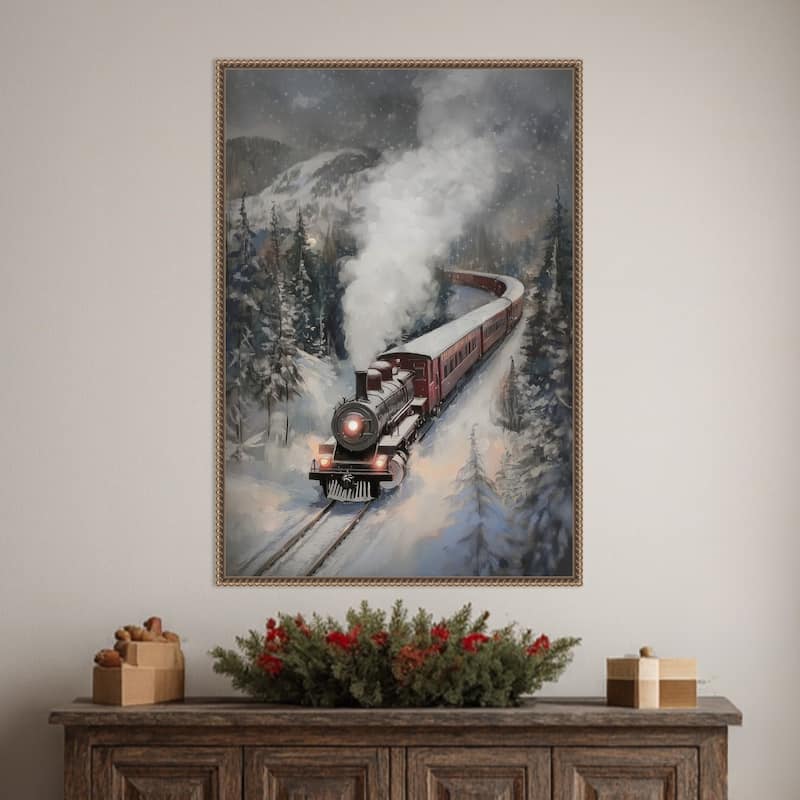 Snowfall Steam Train by Melloi Art Prints (23 x 33 in.), Framed Canvas Wall Art Print - Sylvie Beaded Dark Gold