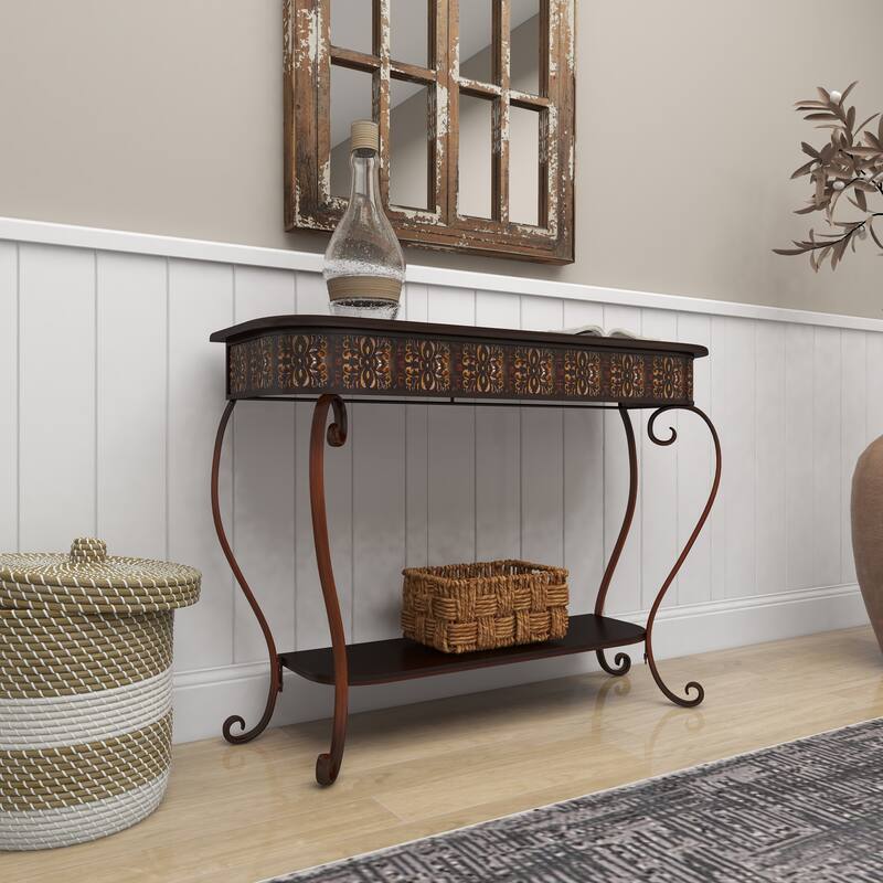 Brown Metal Embossed 1 Shelf Floral Console Table with Ornate Scroll Legs