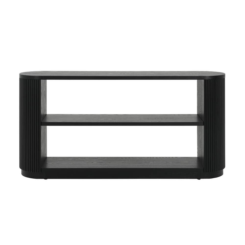 58.9" Wooden Entryway Console Table with Triple Tier Open Storage Shelves, Living Room Vertical Striped Sofa Table with Oval Top