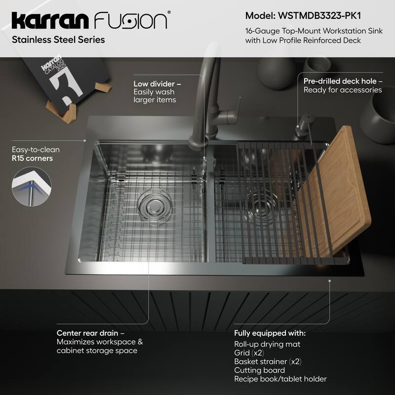 Karran USA WSTMDB3323-PK1 Fusion 33" Drop In Double Basin Stainless