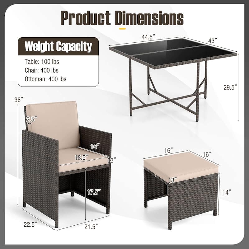 Costway 9 PCS Patio Dining Set with Tempered Glass Table & Ottoman - See Details