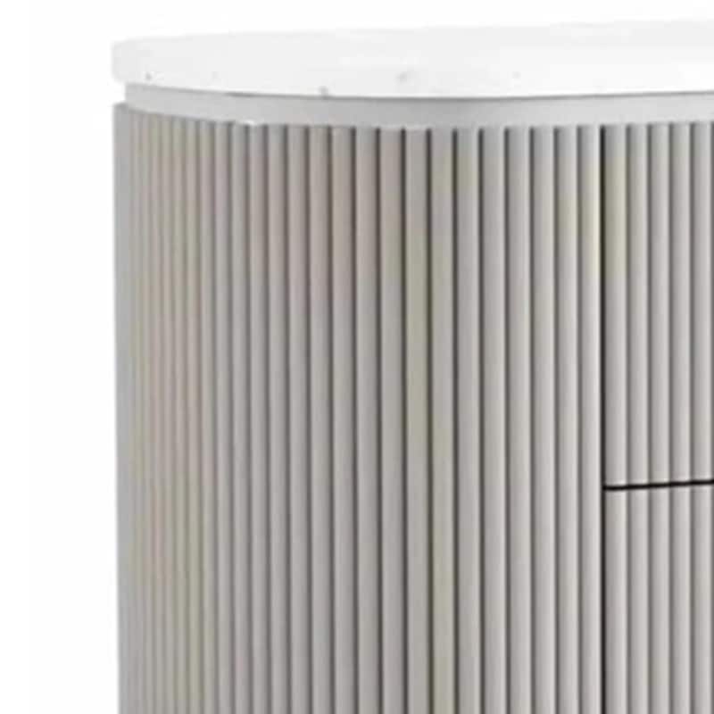 Gema Nightstand, 2 Drawers, Cultured Stone Top, Gray Wood, Silver Trim