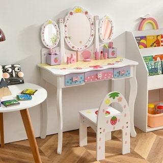 Costway Kids Vanity Princess Makeup Dressing Table Chair Set w/ - See Details