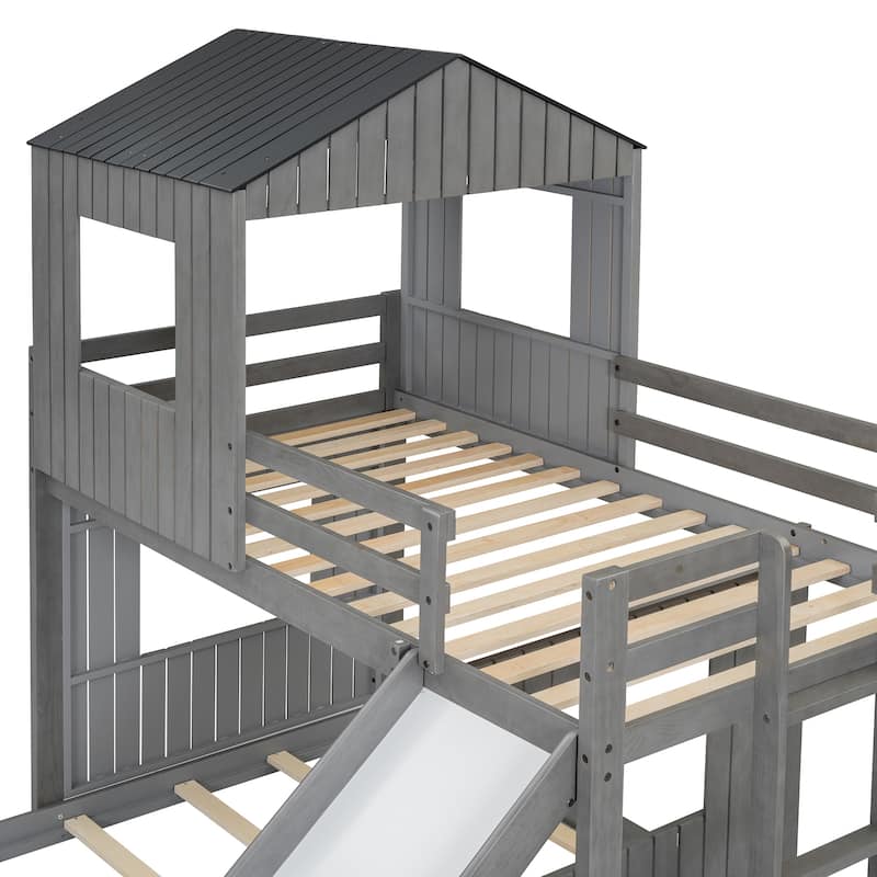 Wooden Twin Over Full Bunk Bed, Loft Bed with Playhouse, Farmhouse, Ladder, Slide and Guardrails, Antique Gray