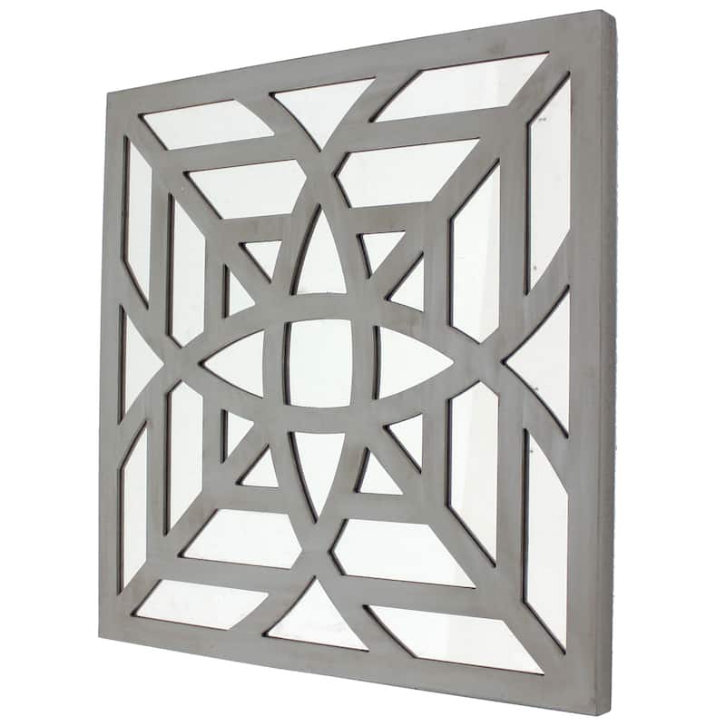 23 x 23 Mirrored Wall Decor Set of 2 with Geometric Wood Cut Out, Gray