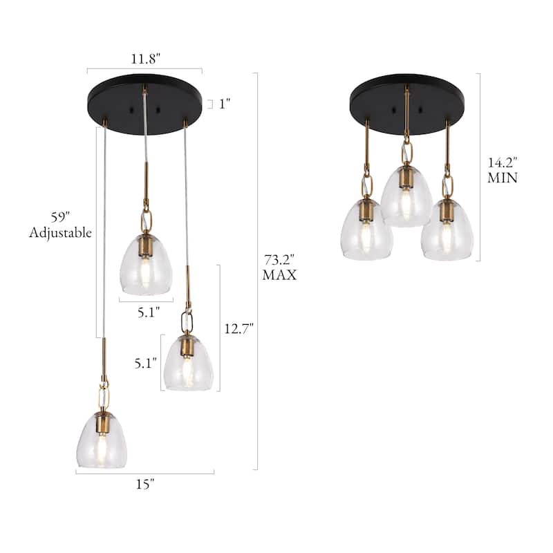 Blobfish Modern 3-Light Glass Chandelier Brass Cluster Kitchen Island Pendant Light - D 15" x H 12.5"
