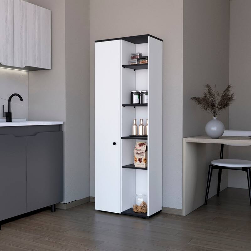 Multi-Shelf Kitchen Pantry Cabinet, Modern Engineered Wood Storage Solution for Kitchen Essentials - White+Black