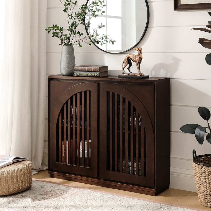 Mid Century Modern Fluted Sideboard Cabinet with 2 Outlet Holes, Buffet Cabinet with Storage, Narrow Side Cabinet - Dark Walnut