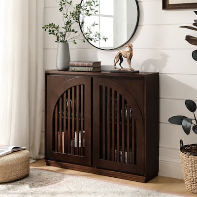Small Sideboard Cabinet, Mid-Century Modern Openwork Door Sideboard with Storage, Narrow Sideboard for Living Room, Coffee Bar