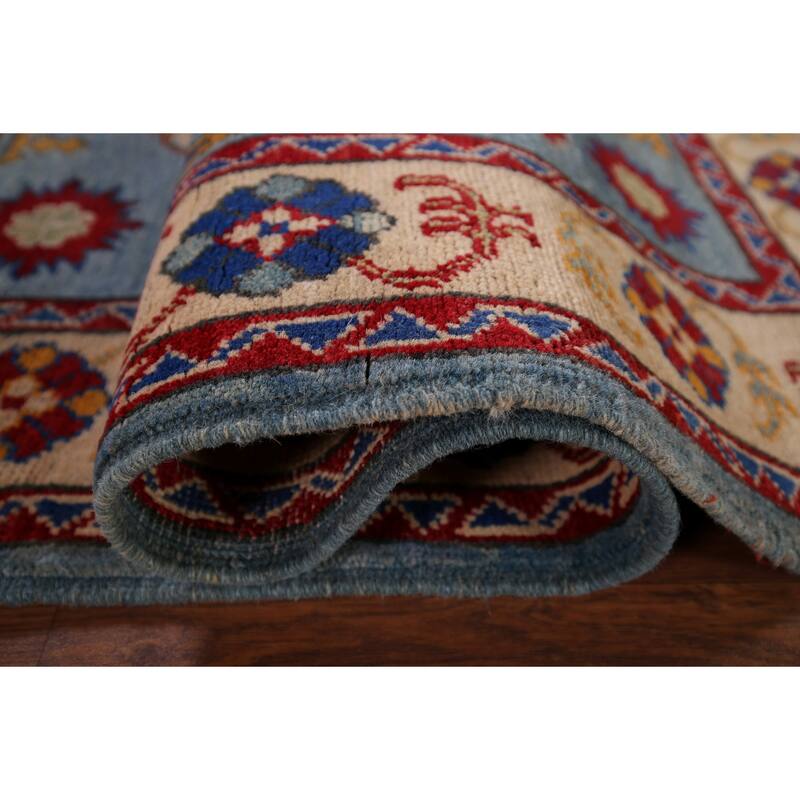 Light Blue Geometric Kazak Oriental Accent Rug Handmade Wool Carpet - 3'6" x 4'11"