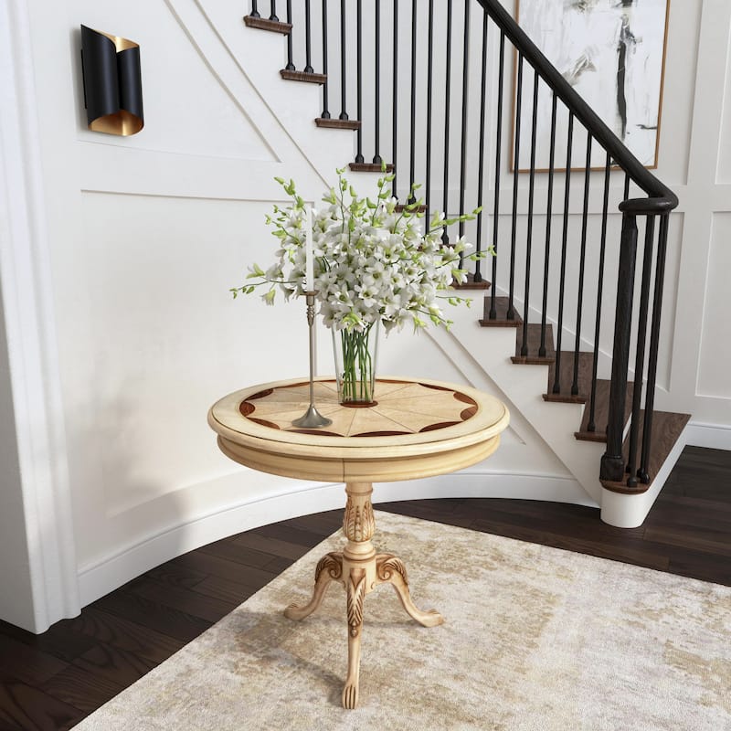 Butler Traditional Round Wooden Pedestal Table in Plantation Cherry Finish - Dark Brown - Antique Beige
