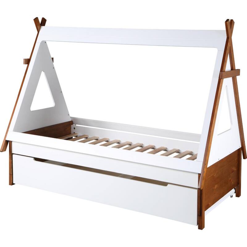Modern Wood Twin Bed, House Shaped Bed Frame, Slat System, Brown, White - Brown - Twin