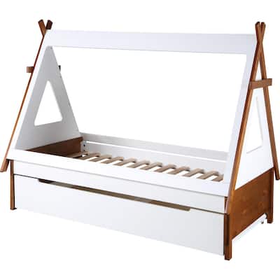 Modern Wood Twin Bed, House Shaped Bed Frame, Slat System, Brown, White