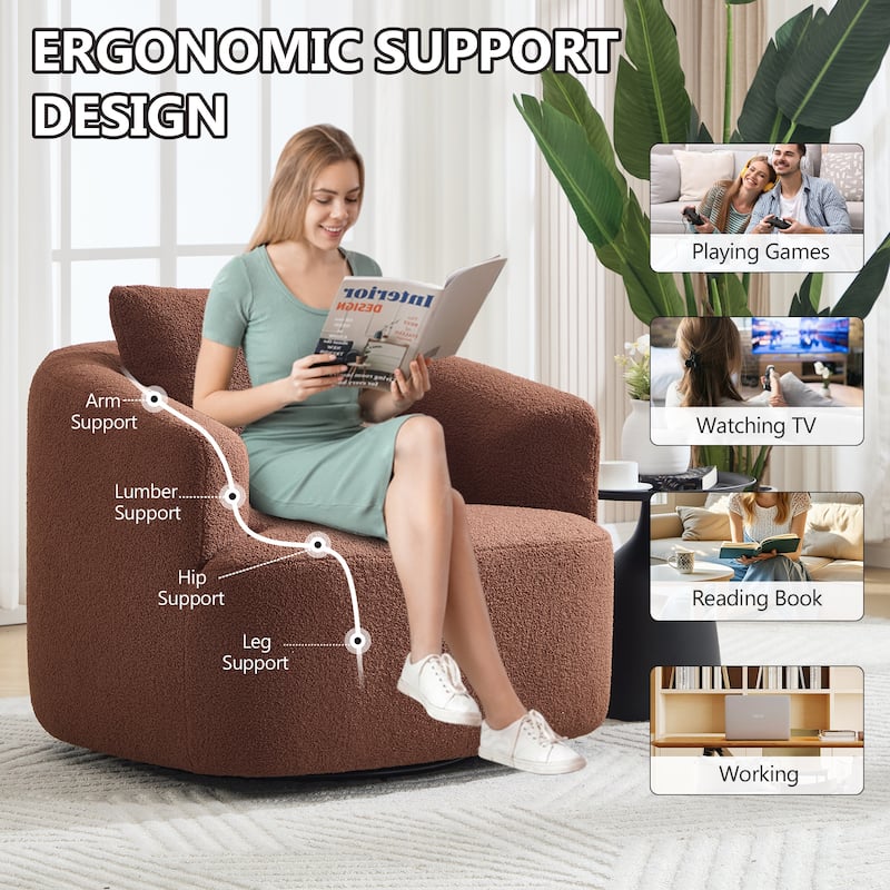 360°Swivel Round Upholstered Comfy Chair With One Soft Pillow, Teddy Fleece High-Resilience Sponge Single Sofa