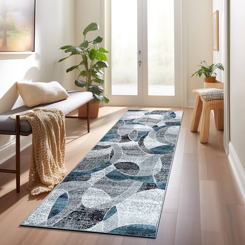 Contemporary Distressed Circle Area Rug - 2' x 7' - Grey/Blue - Runner